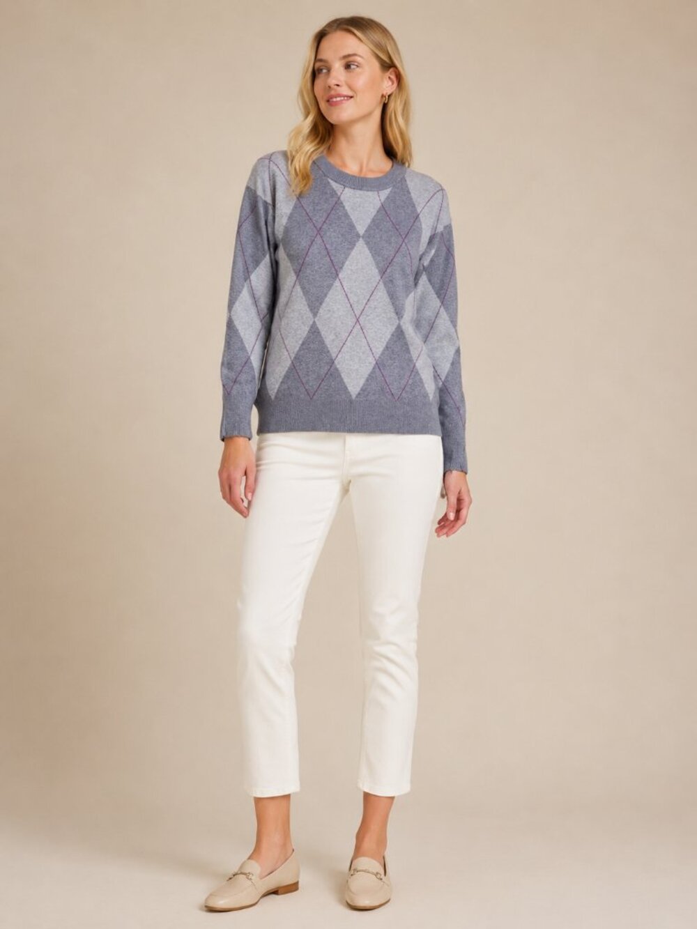 2/$30 NWT TAHARI Obnoxious Argyle Crew Neck Sweater Gray Burgundy Accent #A4278